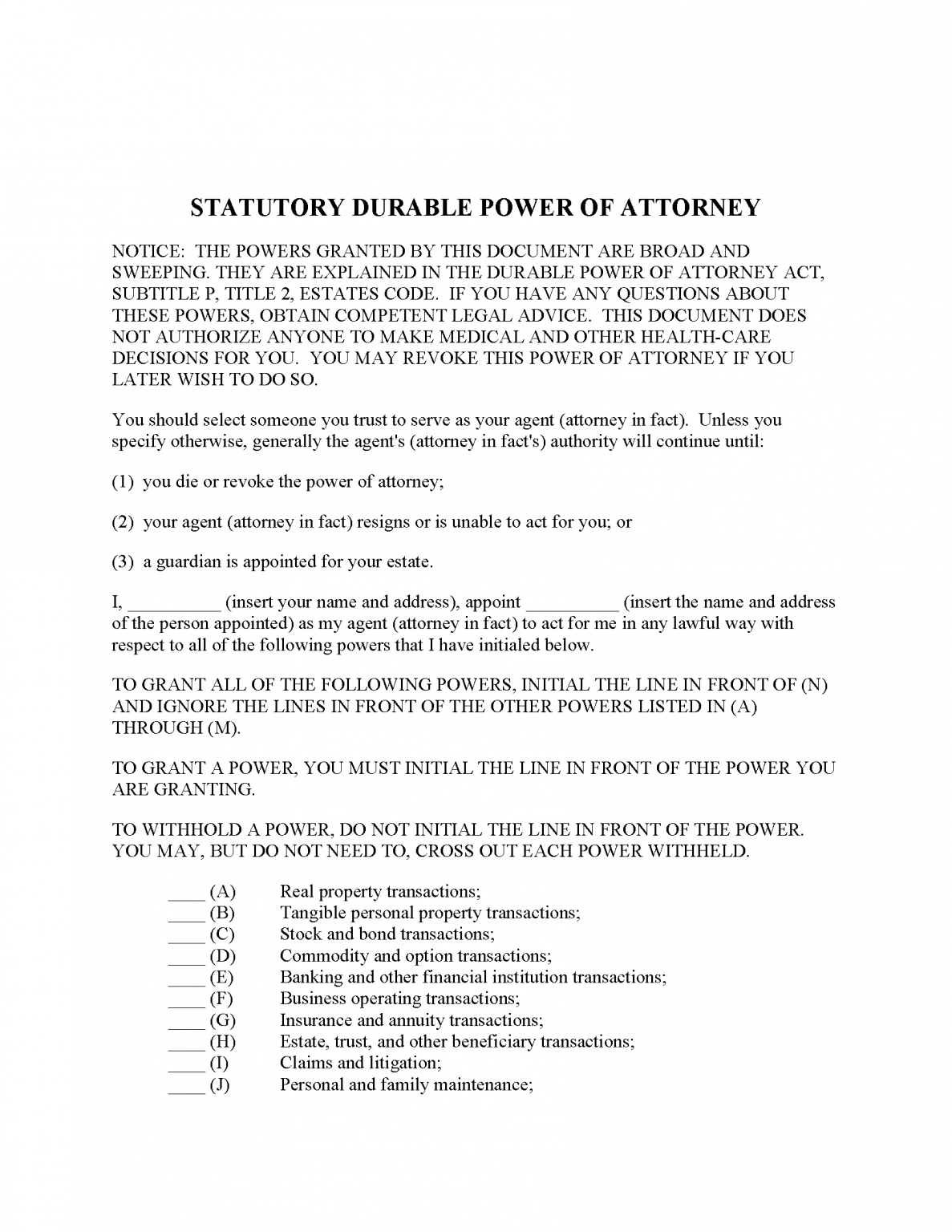 Free Texas Durable (Statutory) Power of Attorney Form - PDF | Word – eForms