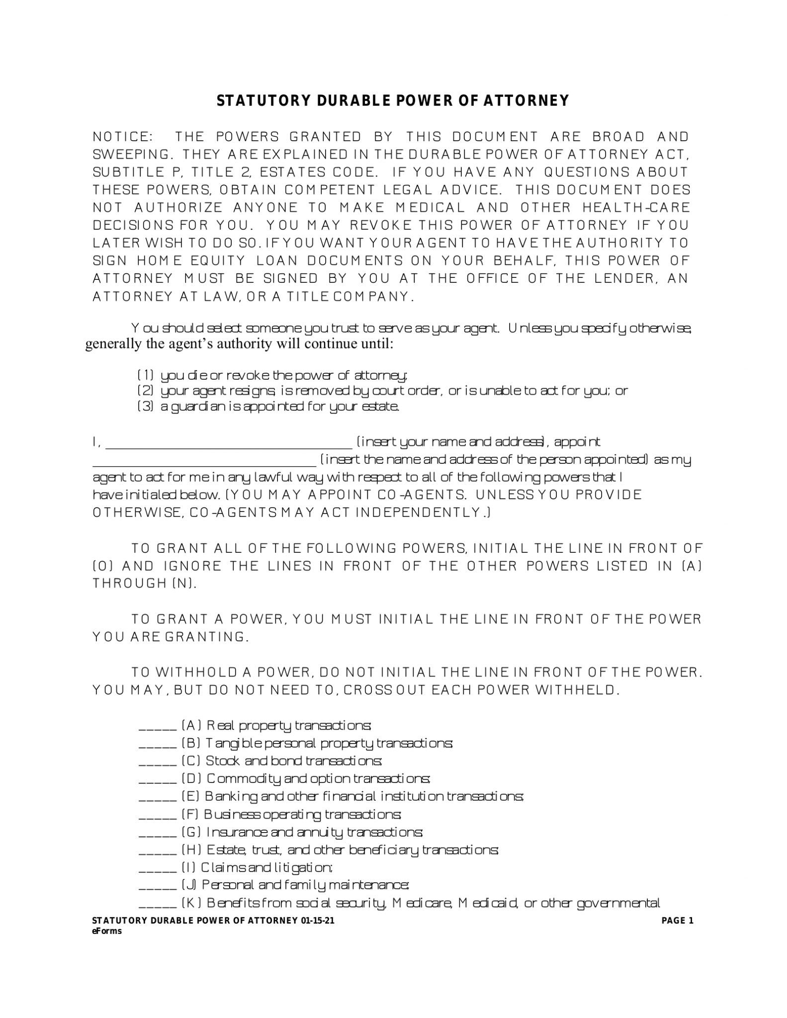 Free Texas Durable Statutory Power Of Attorney Form Pdf Word Eforms 9154
