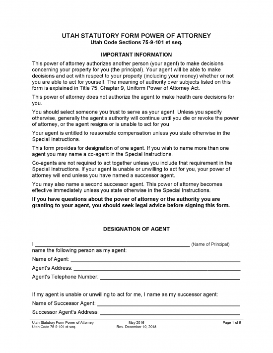 Free Utah Durable (Statutory) Power of Attorney Form - PDF | Word – eForms