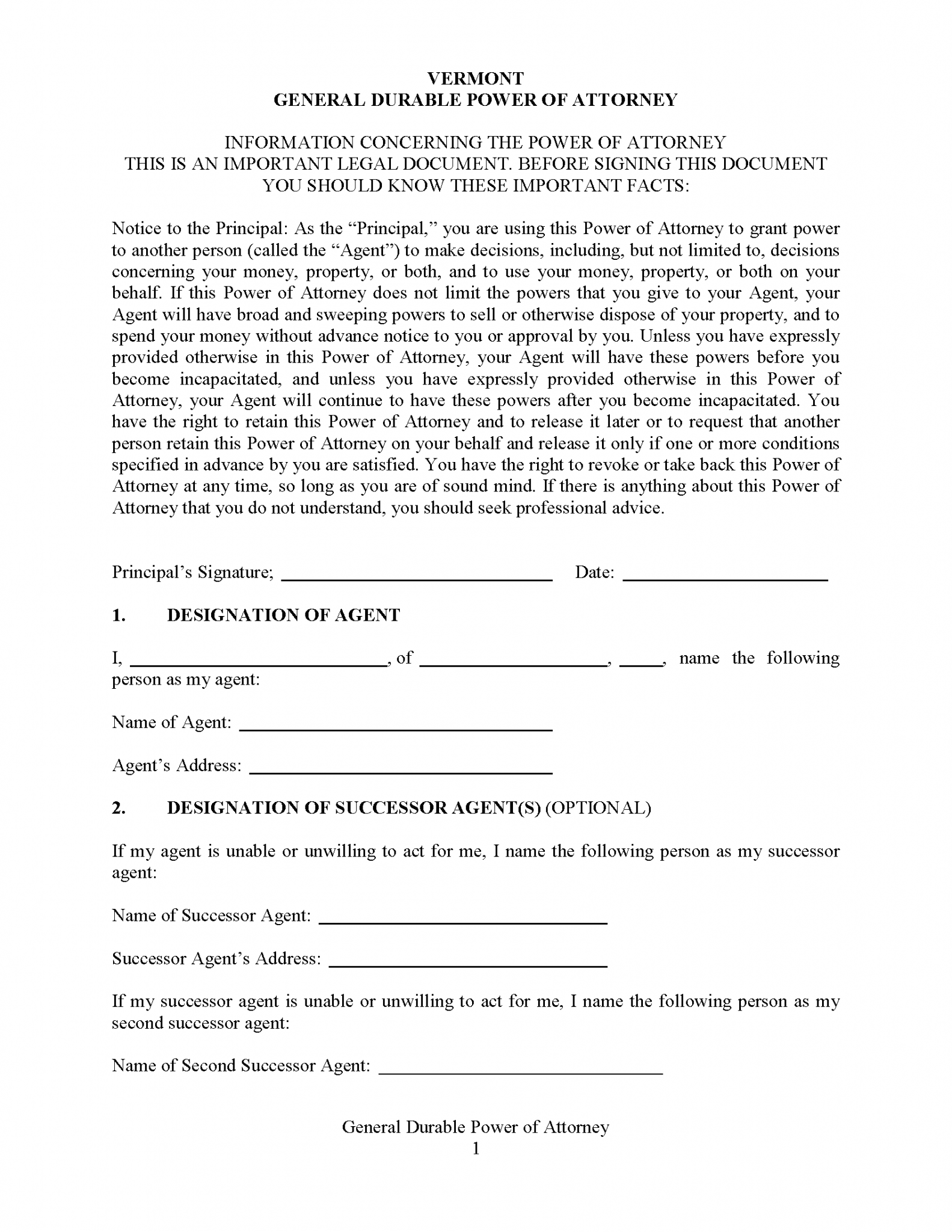 Power Of Attorney Form Vermont