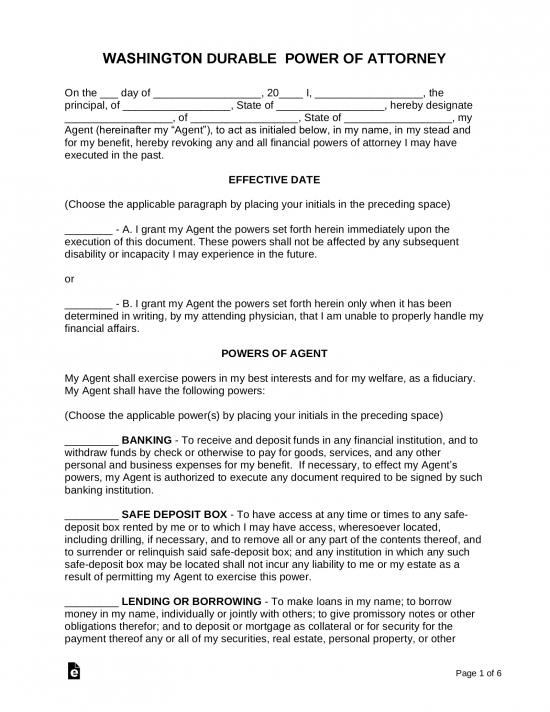 Washington Durable (Financial) Power of Attorney Form