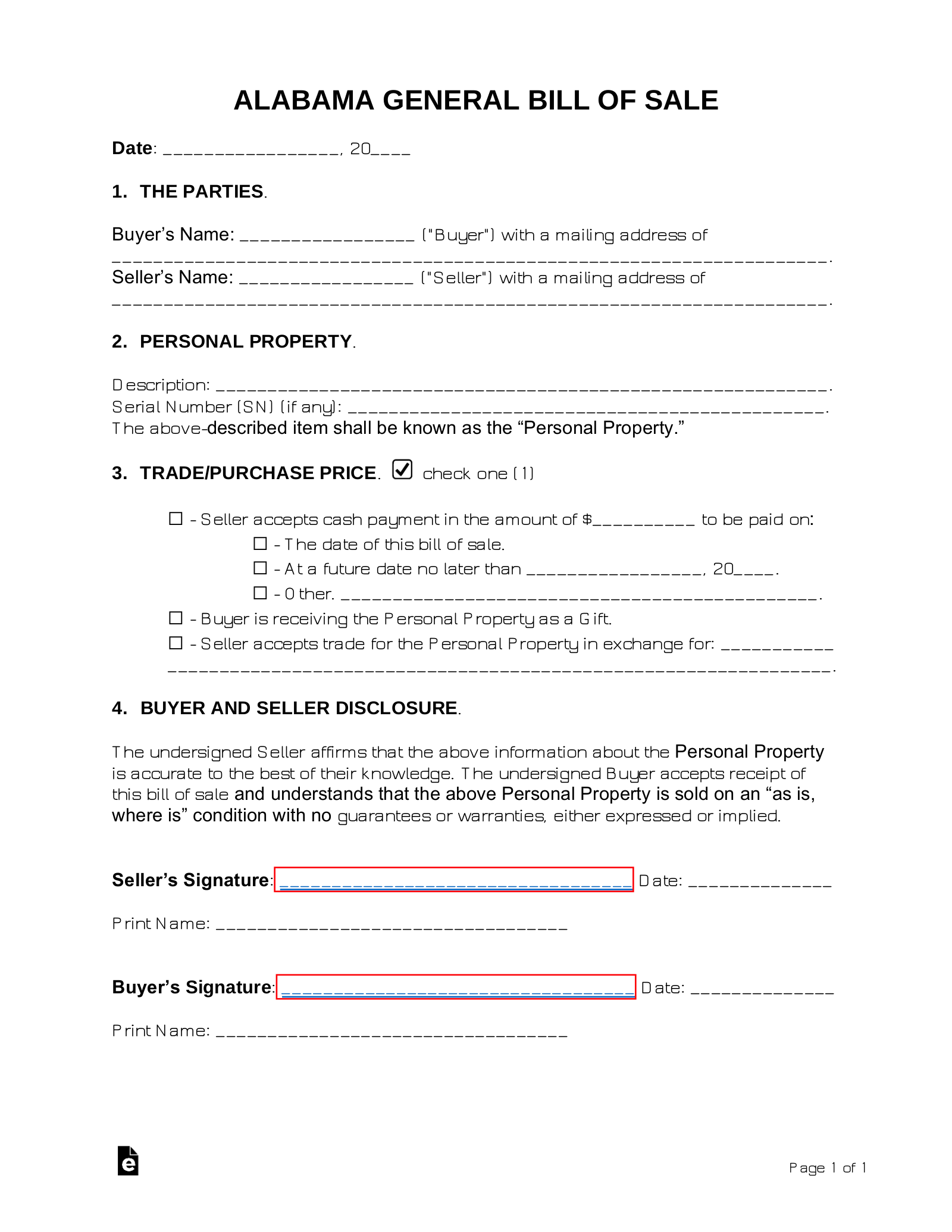 Free Alabama General Bill of Sale Form PDF Word eForms