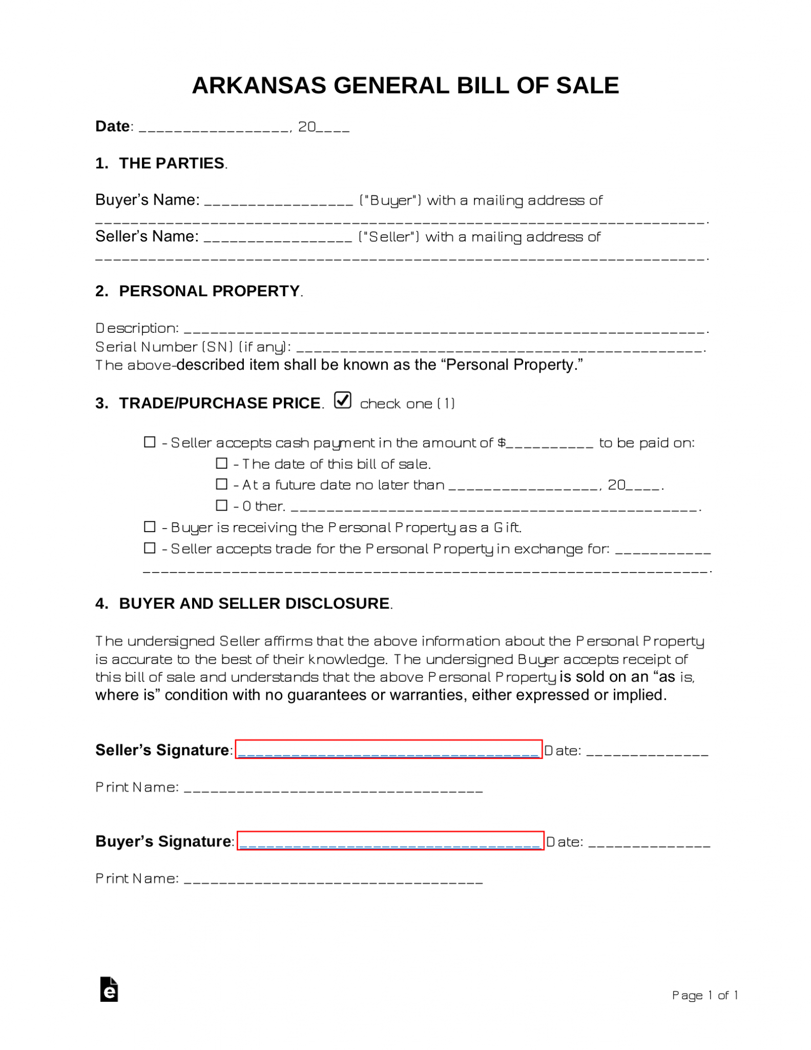 Free Arkansas General Bill of Sale Form PDF Word eForms