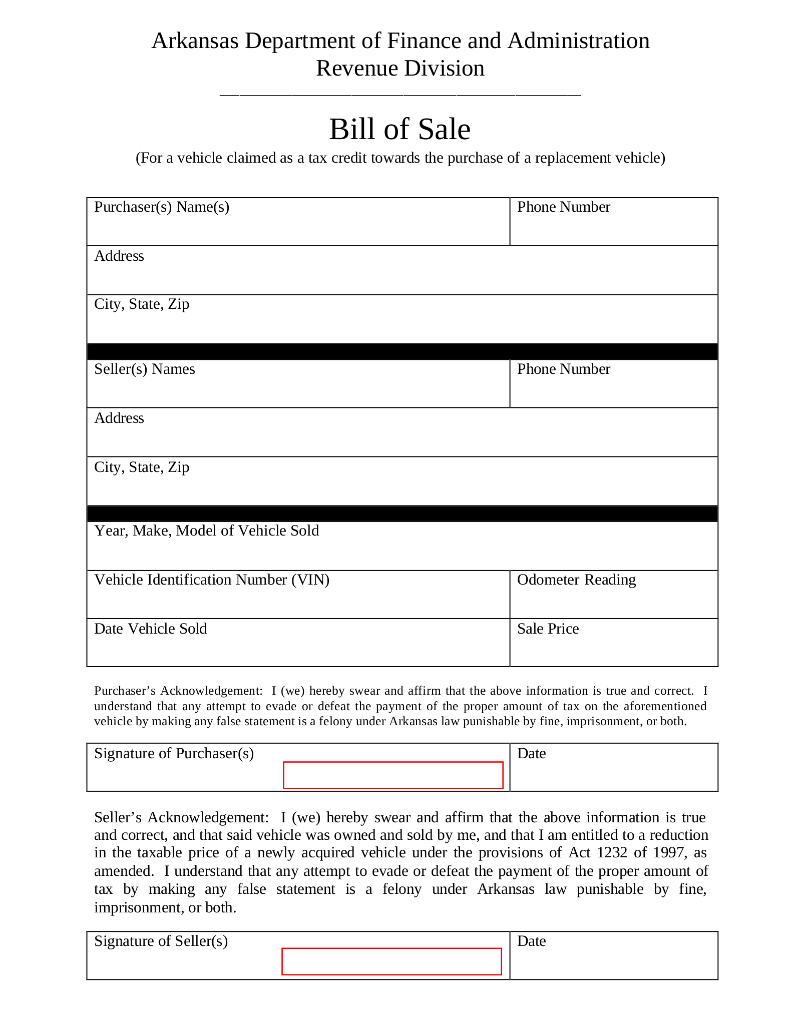 Free Arkansas Tax Credit for Replacement Vehicle Bill of Sale - PDF – eForms