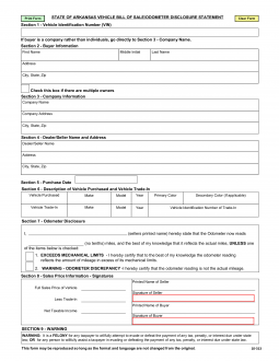 Arkansas Motor Vehicle Bill of Sale Form 10-313 | Odometer Disclosure Statement