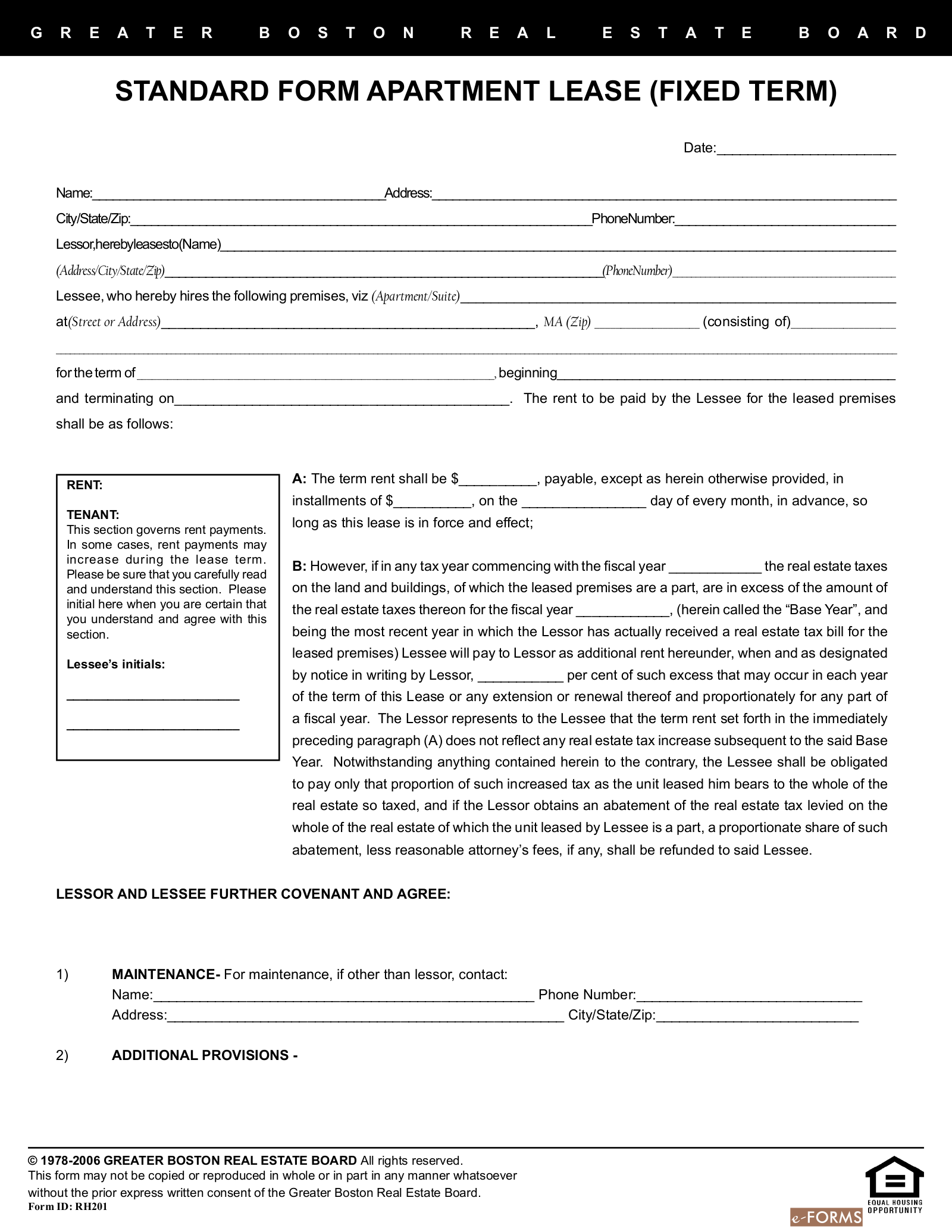 Greater Boston Residential Lease Agreement Form
