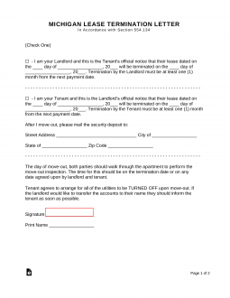 Michigan Lease Termination Letter Form | 30-Day Notice