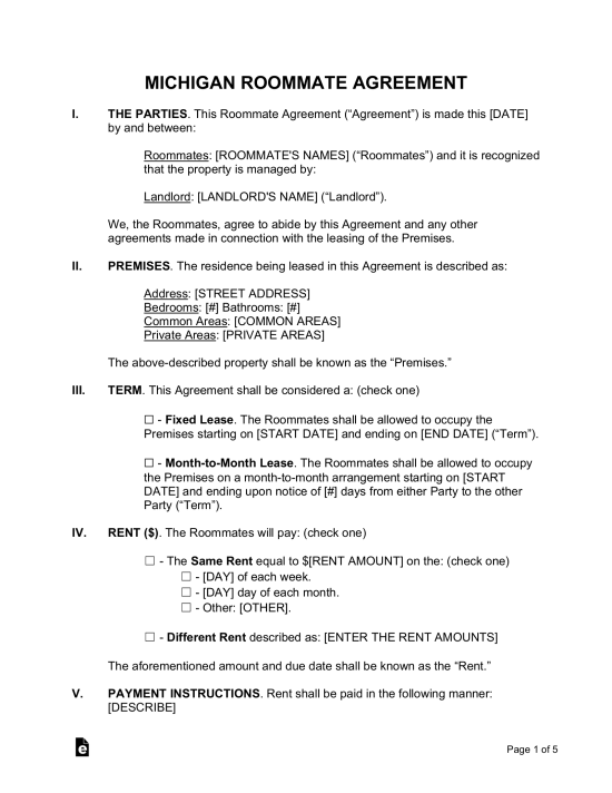 Michigan Roommate Agreement Template