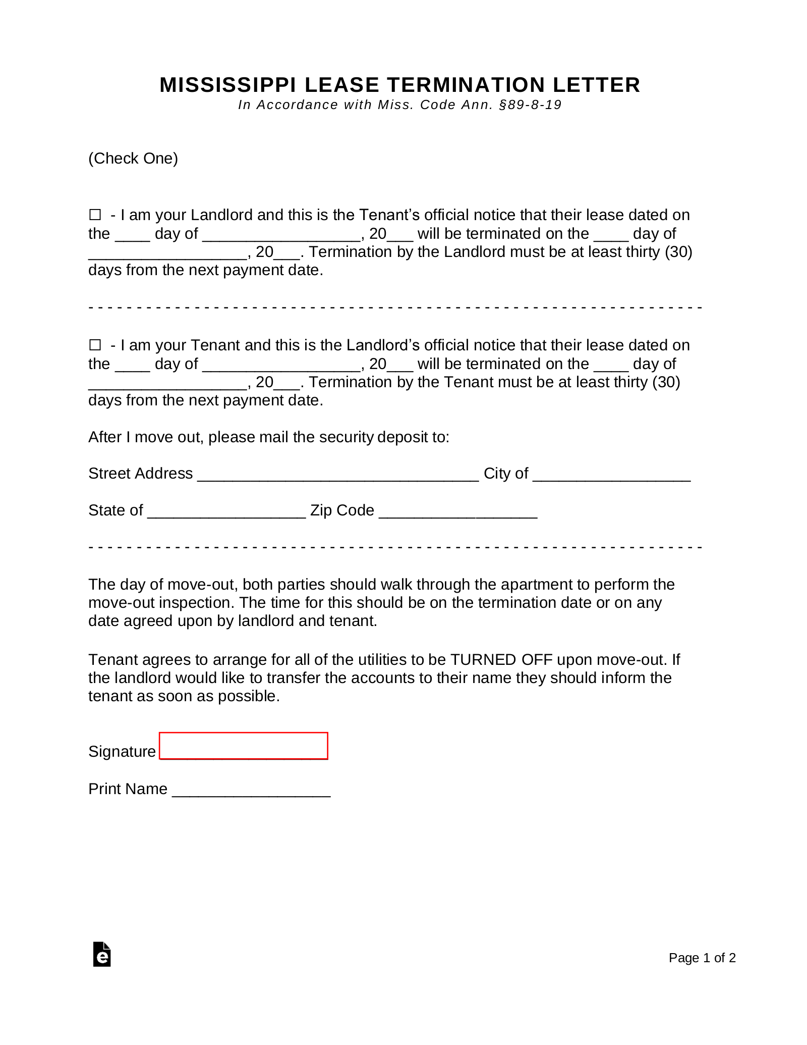 Mississippi Lease Termination Letter Form | 30-Day Notice