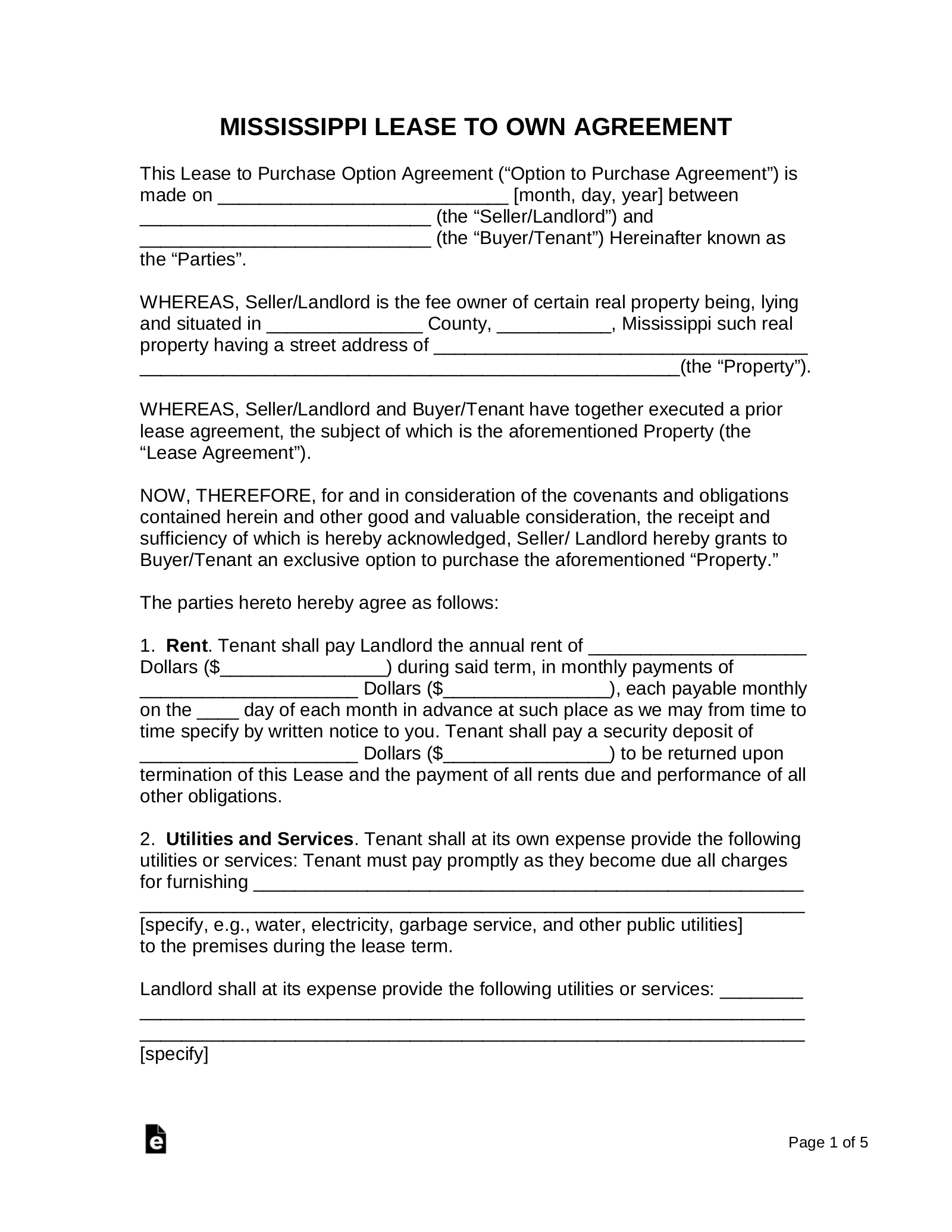 Mississippi Rent-to-Own Lease Agreement