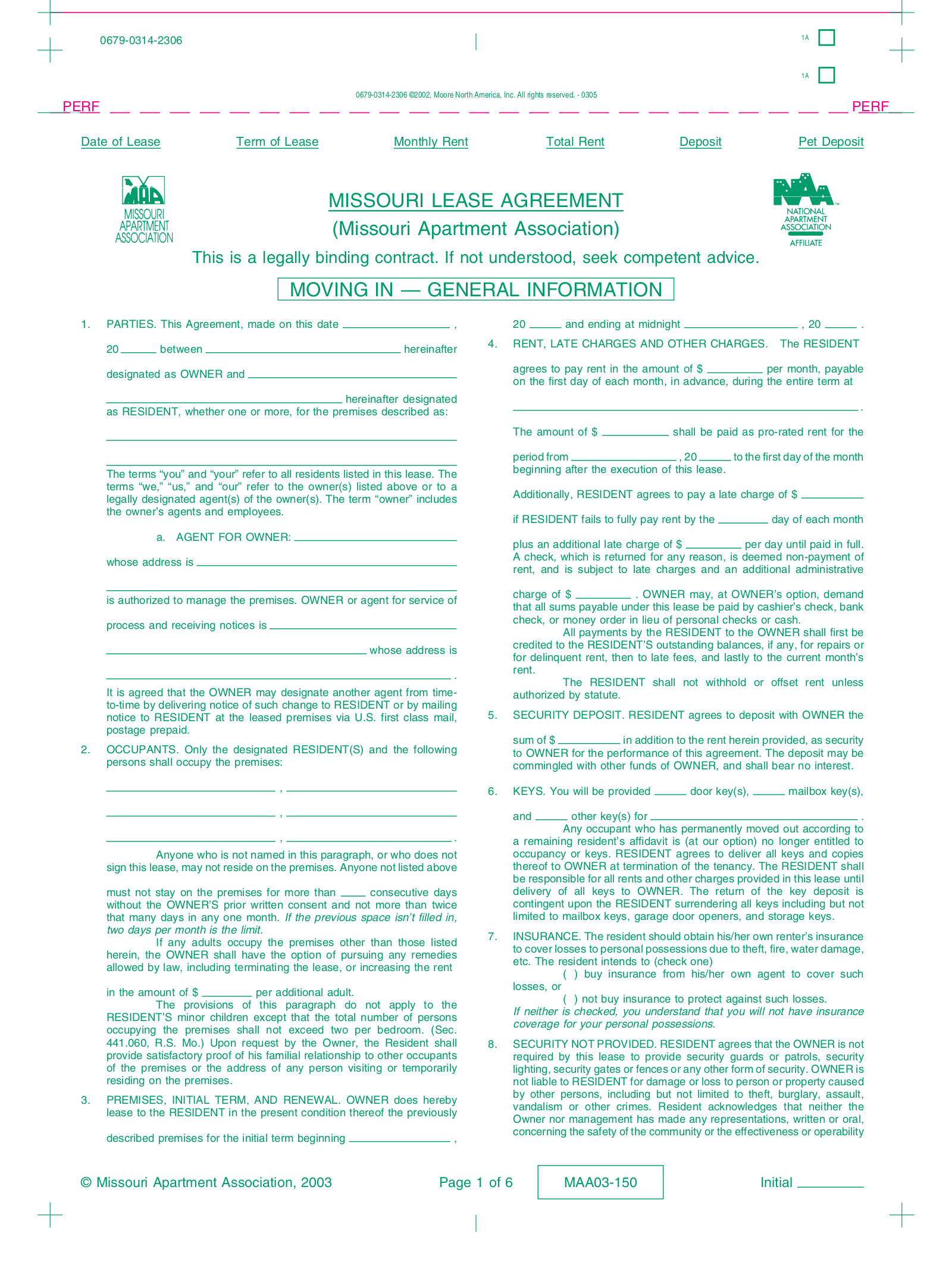 Missouri Apartment Association Residential Lease Agreement Form