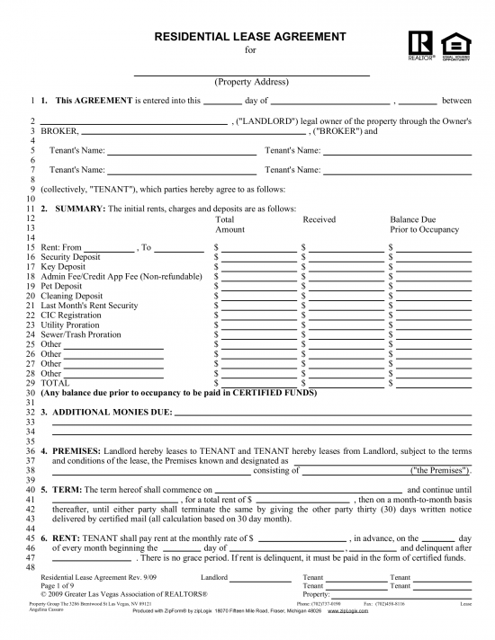 Nevada Assoc. of Realtors Residential Lease Agreement