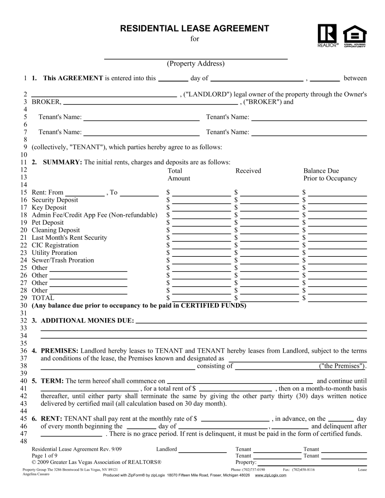 free nevada association of realtors residential lease agreement pdf