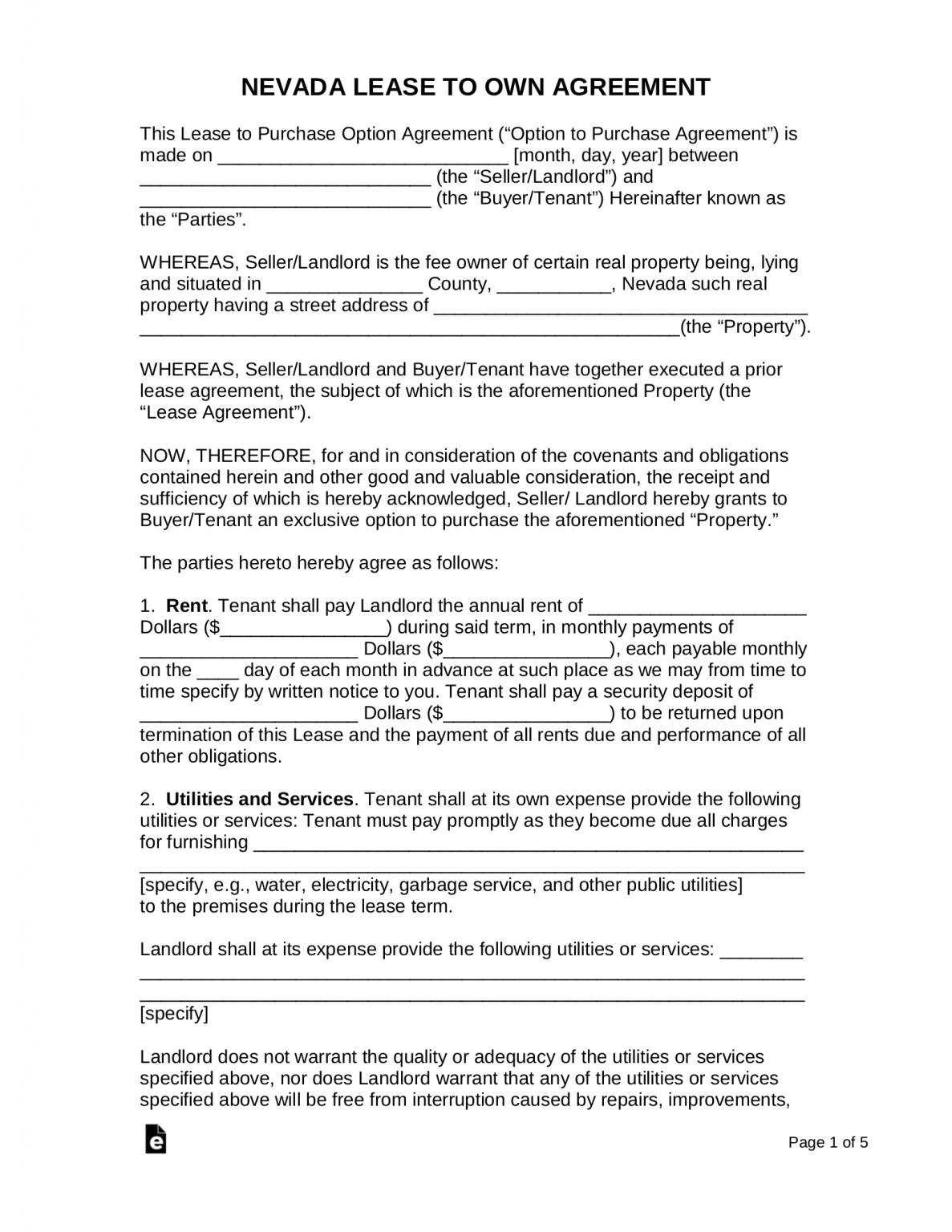 Free Nevada Rent To Own Lease Agreement PDF Word EForms   Nevada Lease Agreement Option To Purchase Form 1187x1536 