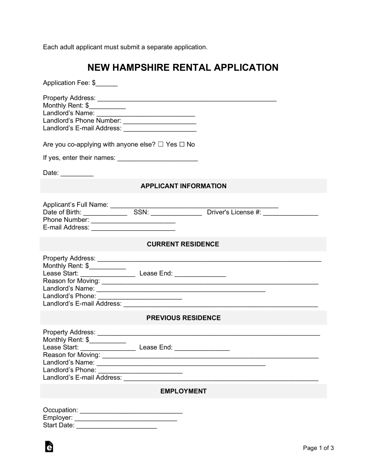 Free New Hampshire Rental Application Template PDF Word eForms