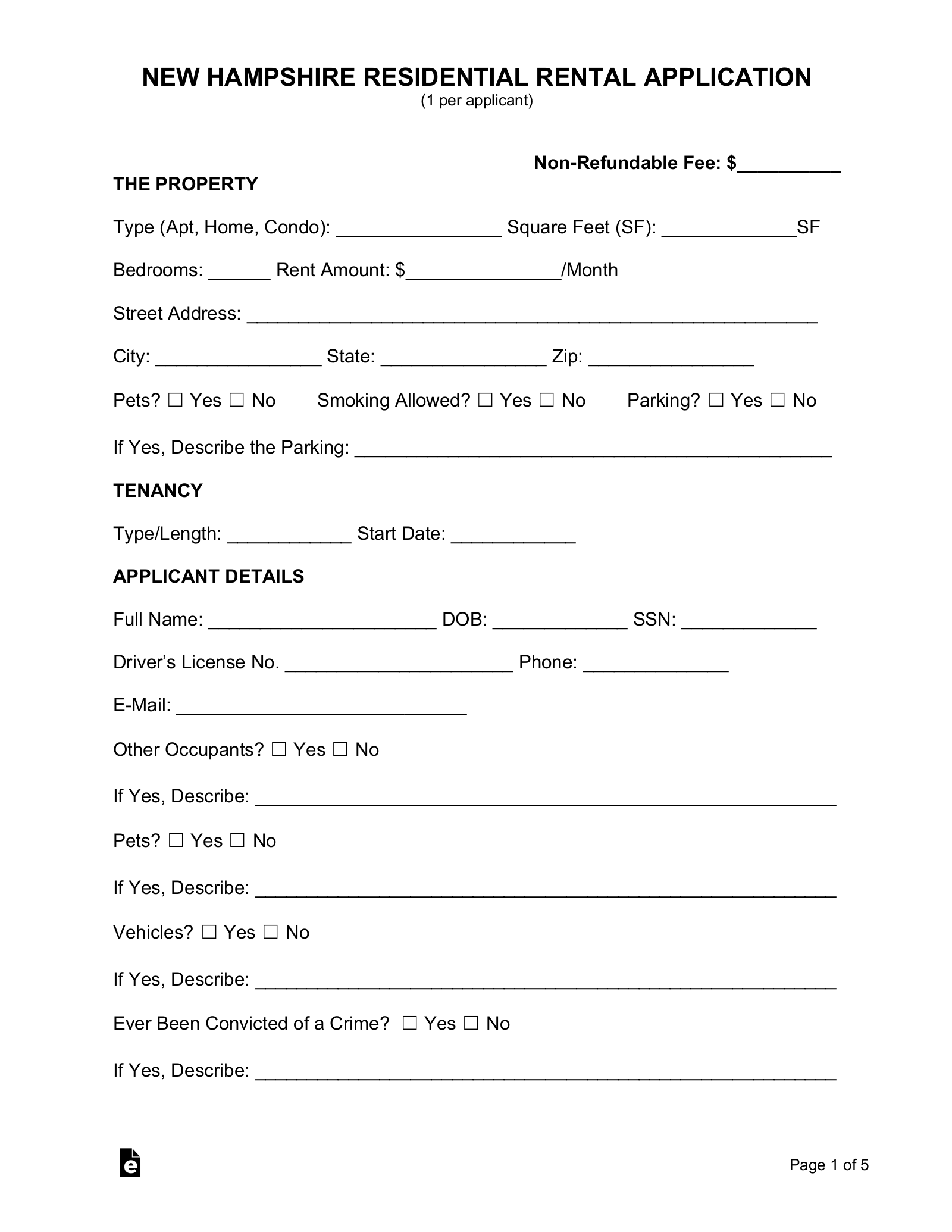 New Hampshire Rental Application Form