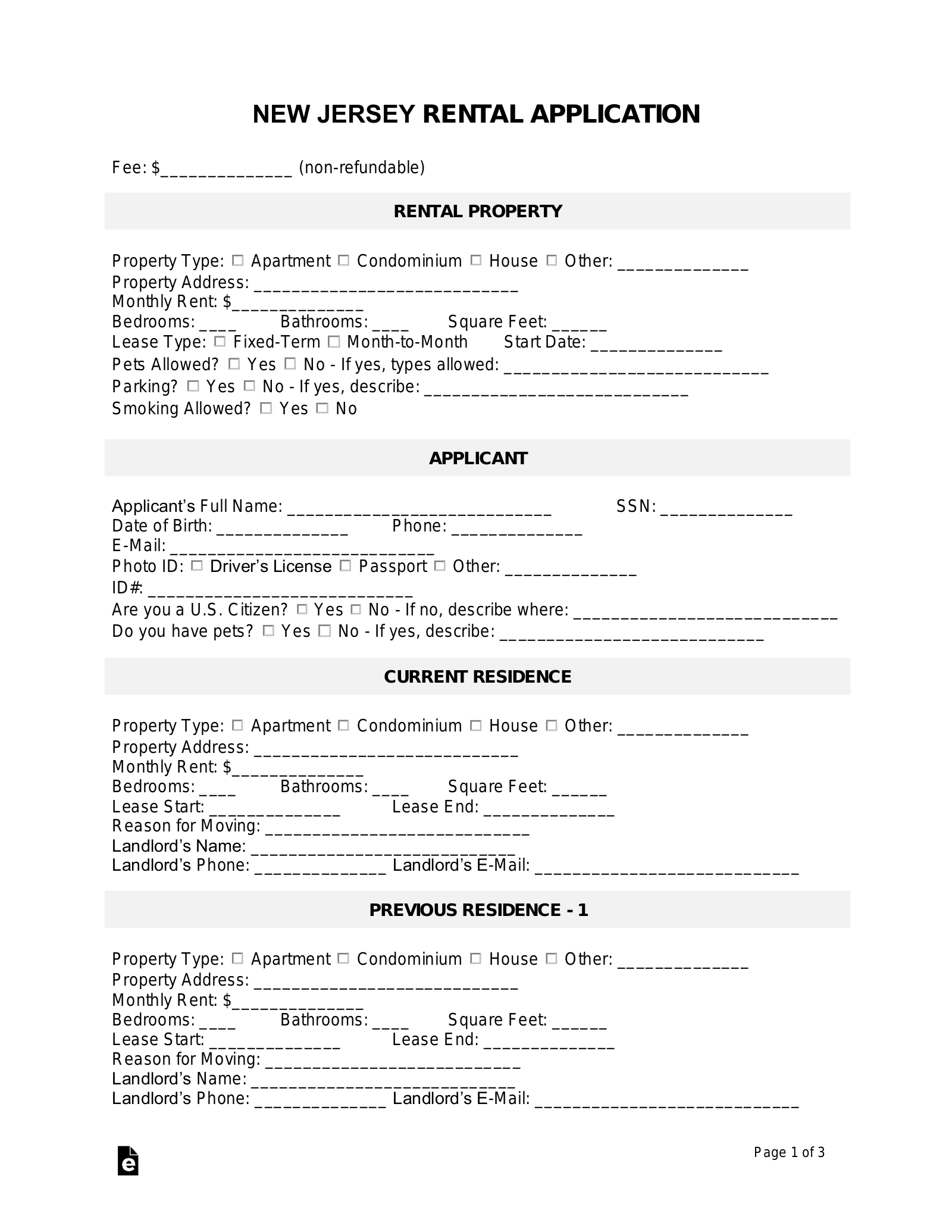 Free New Jersey Rental Application Form Word PDF EForms