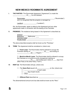 New Mexico Roommate Agreement Form