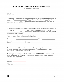 New York Lease Termination Letter Form | 30 Days