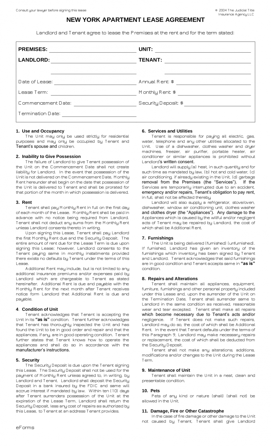 Free New York Standard Apartment Lease Agreement Form PDF Word eForms