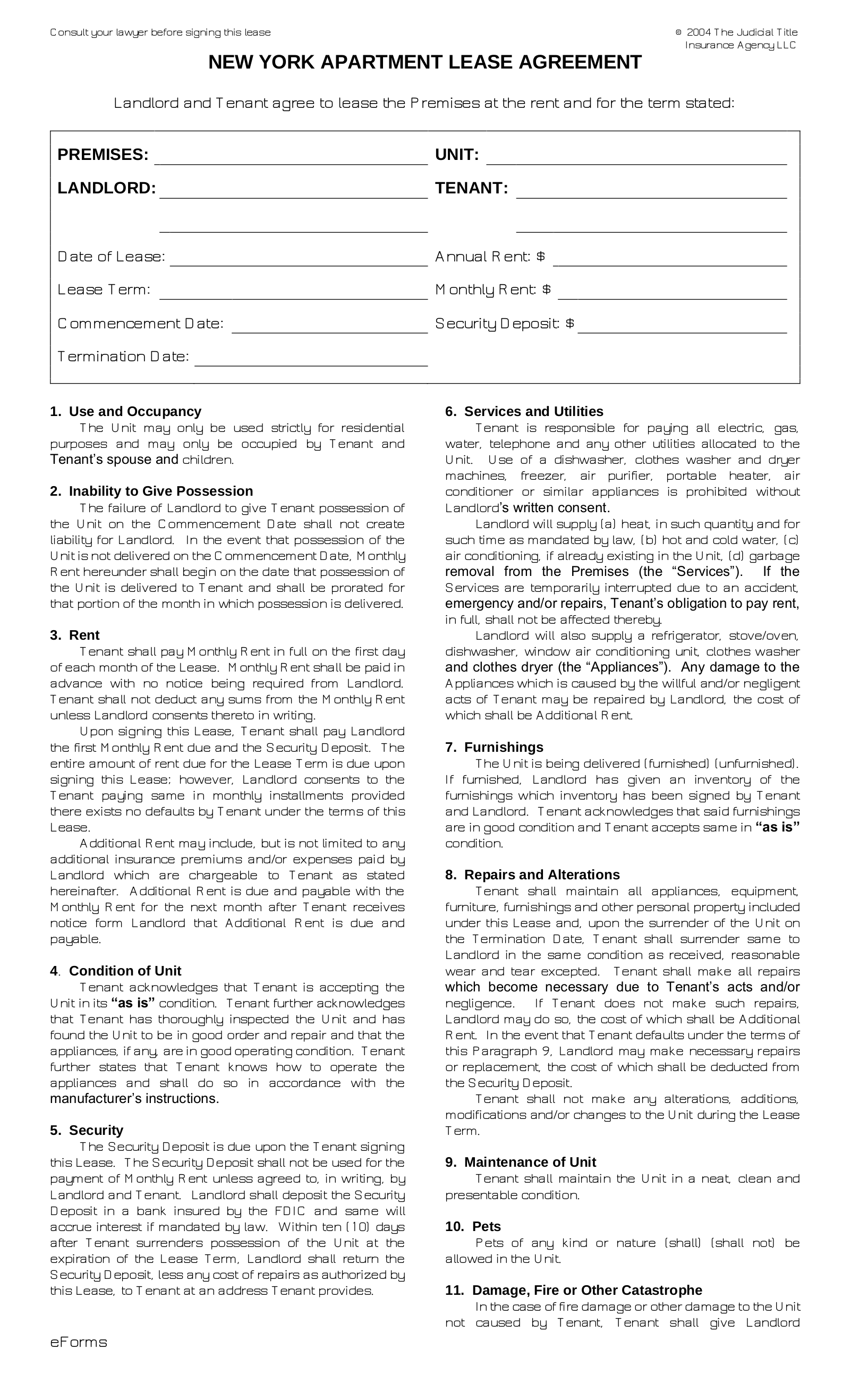 Free New York Standard Apartment Lease Agreement Form PDF Word EForms