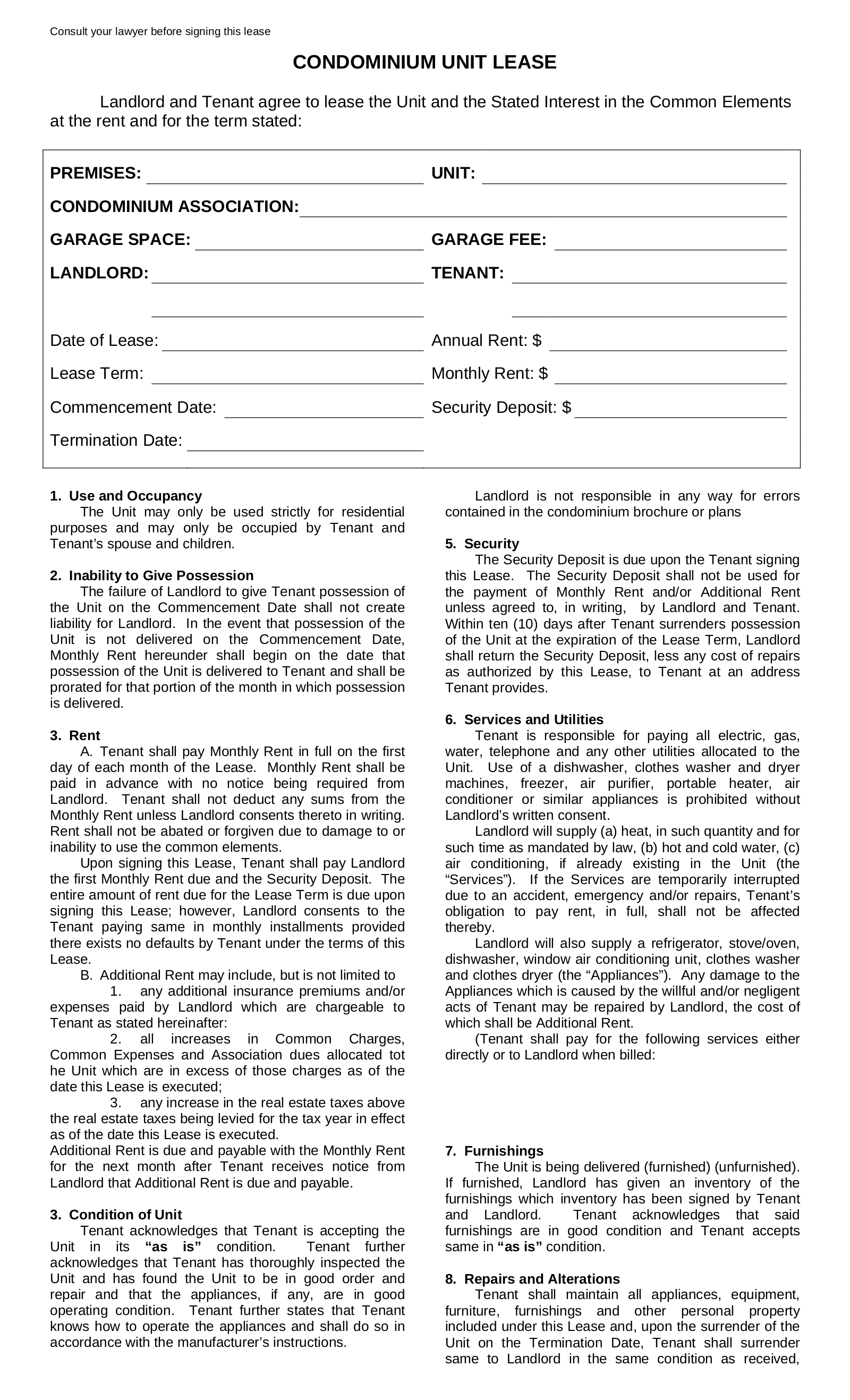 Free New York Condominium Lease Agreement PDF EForms