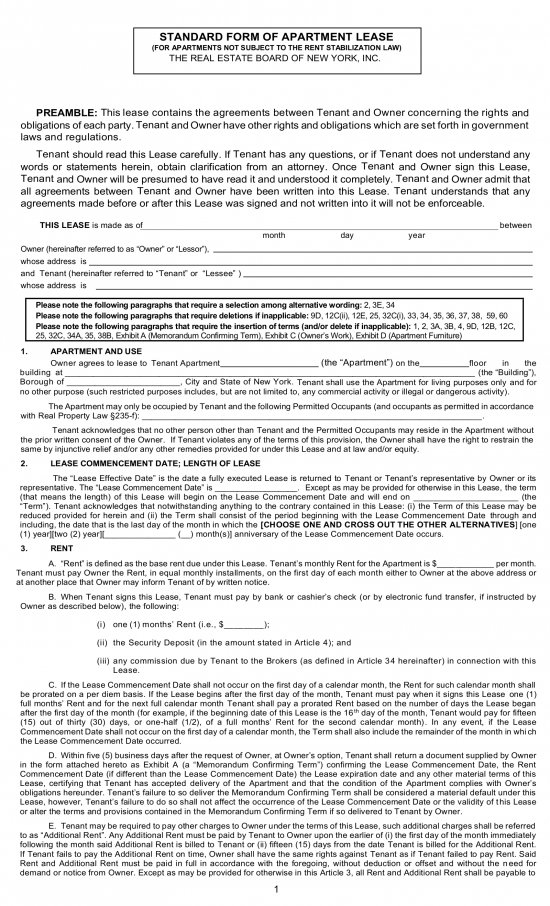 Free Real Estate Board of New York Residential Lease Agreement - PDF