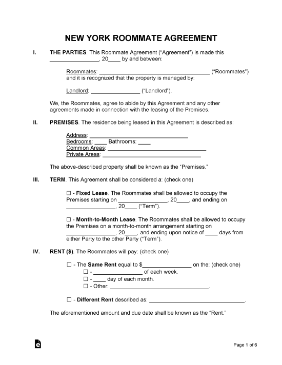 Free New York Roommate Agreement Form PDF Word EForms   New York Roommate Agreement Template 550x712 