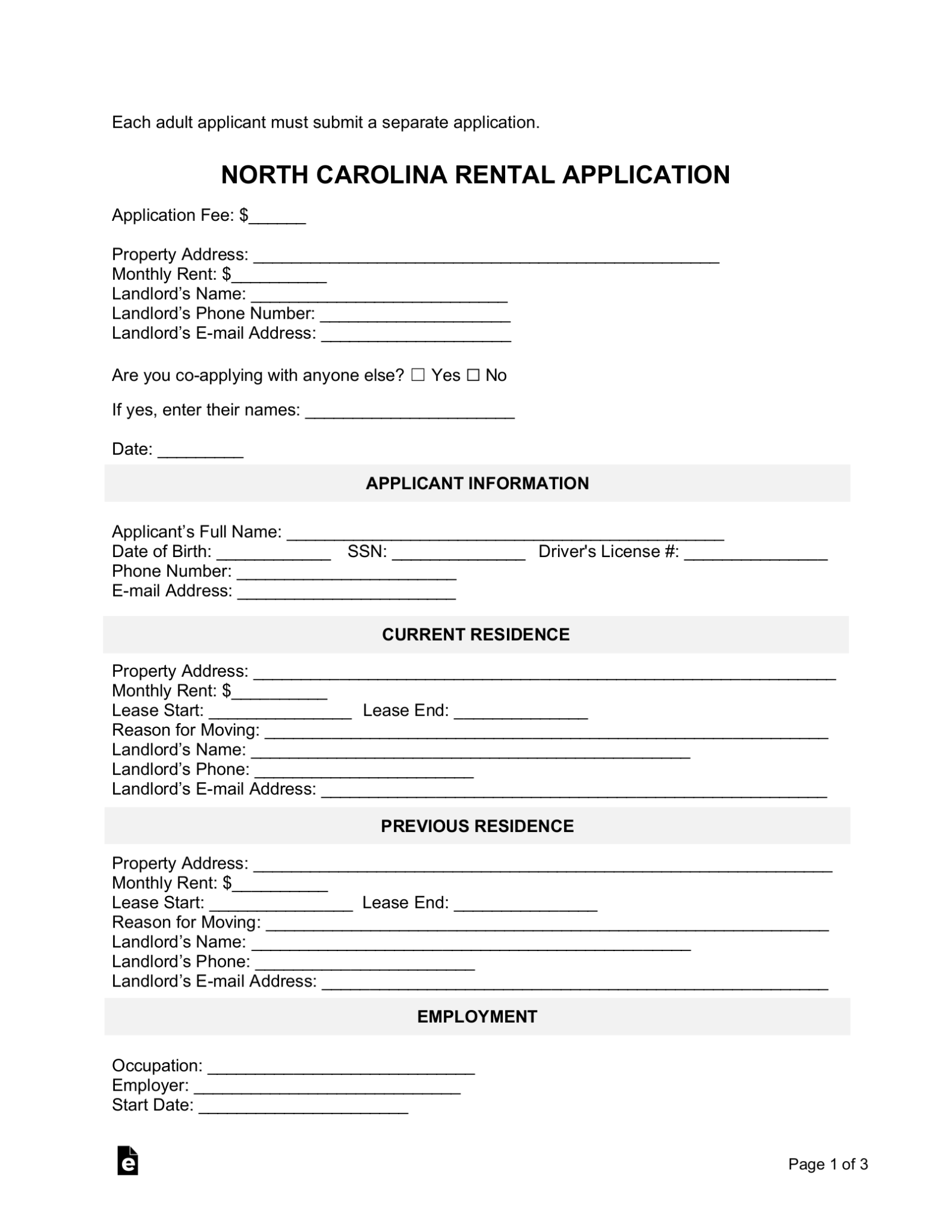 Free North Carolina Rental Application Template - PDF | Word – eForms