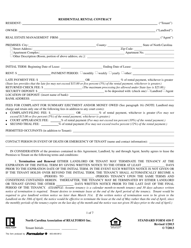 410-t residential nc rental contract form nc residential lease agreement