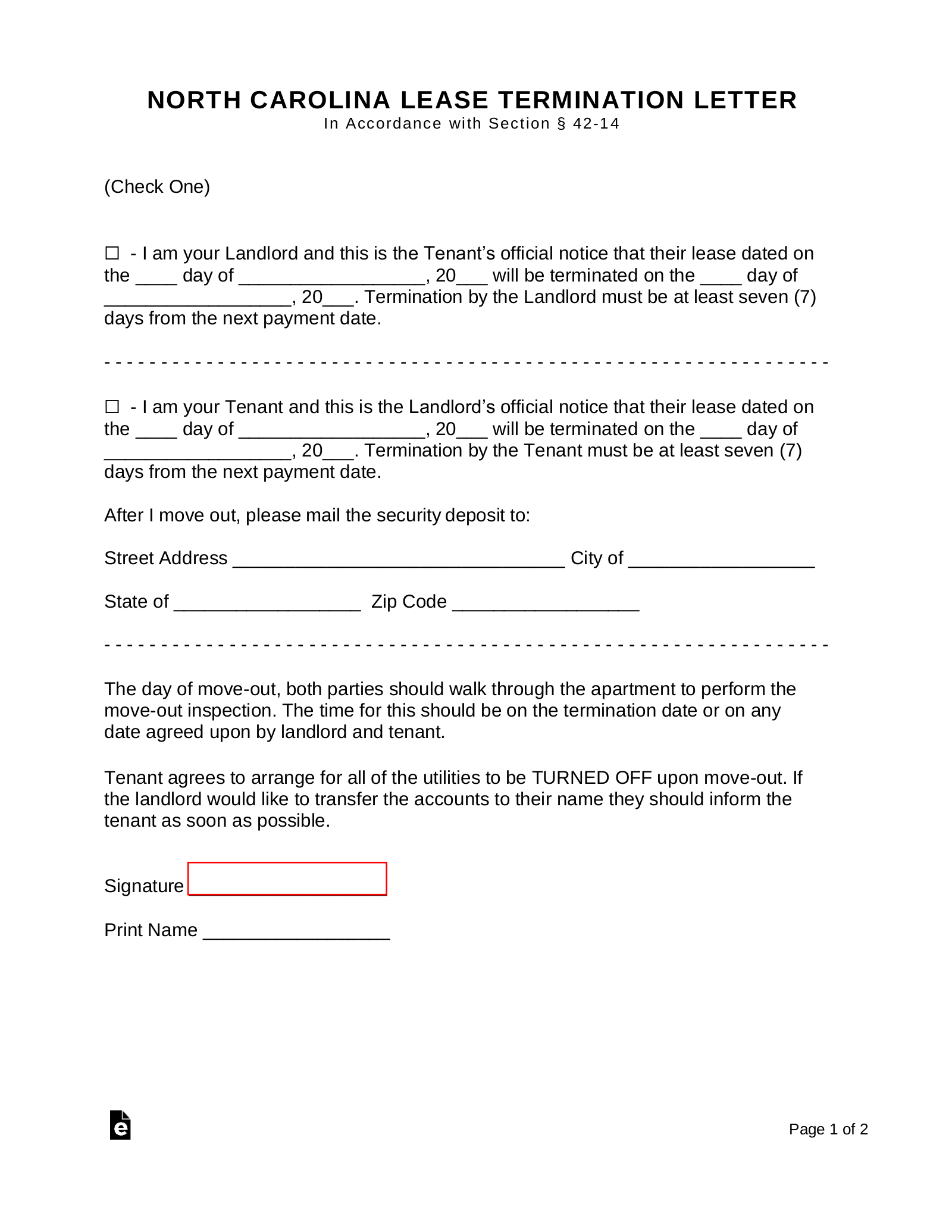 North Carolina Lease Termination Letter Form | 7-Day Notice