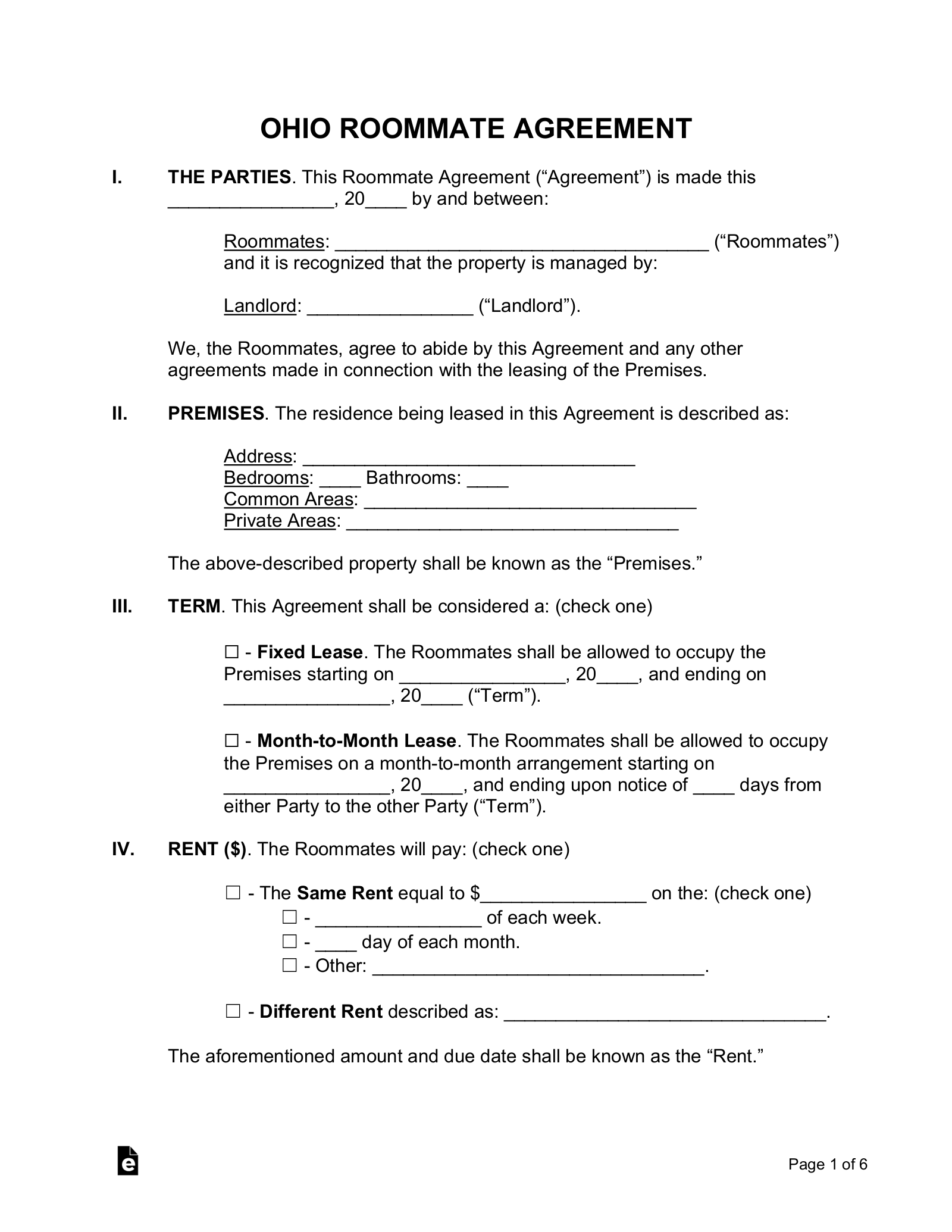 Ohio Roommate Agreement Form