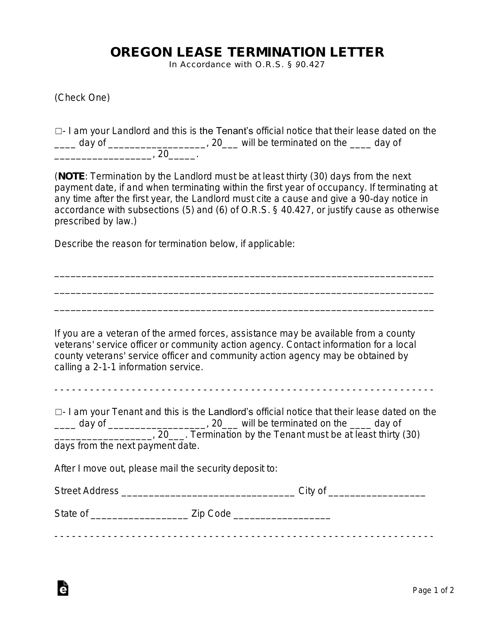 30 Day Vacate Letter from eforms.com