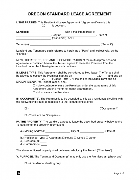 Free Oregon Standard Residential Lease Agreement PDF Word EForms
