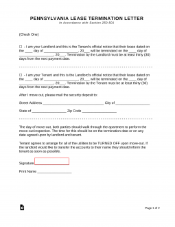 Pennsylvania Lease Termination Letter Form | 15/30 Days’ Notice