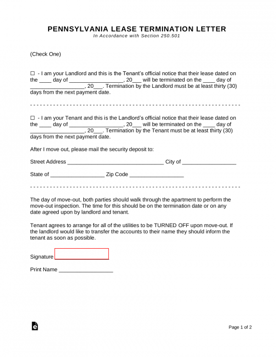 Free Pennsylvania Lease Termination Letter Form 30 Days Notice PDF 