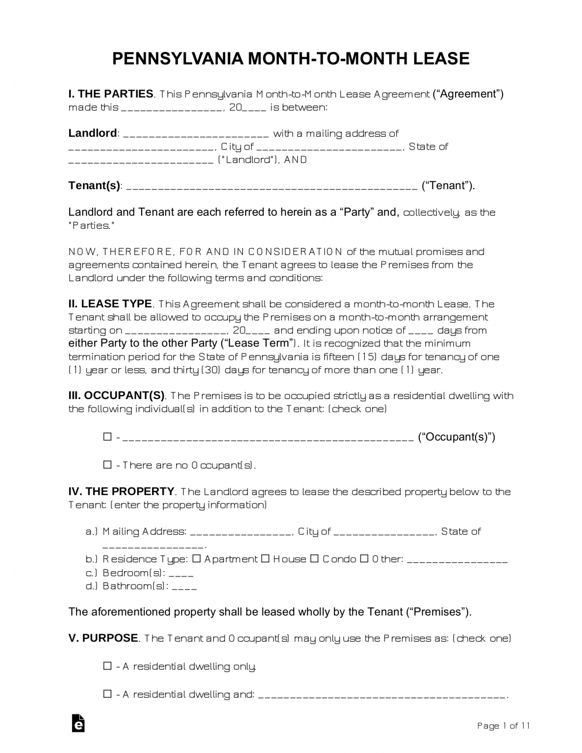 Free Pennsylvania Month-to-Month Lease Agreement Template - PDF | Word ...