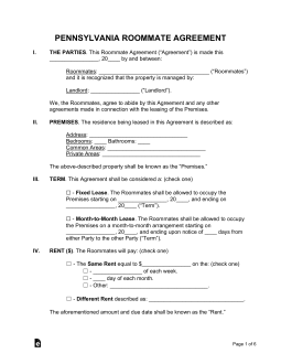 Pennsylvania Roommate Agreement Form