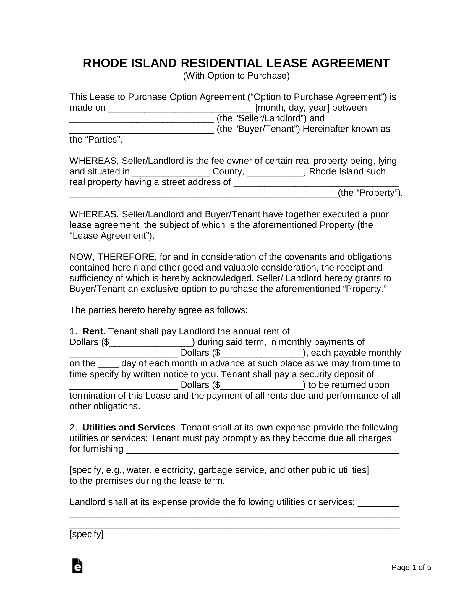 Rhode Island Rent-to-Own Lease Agreement