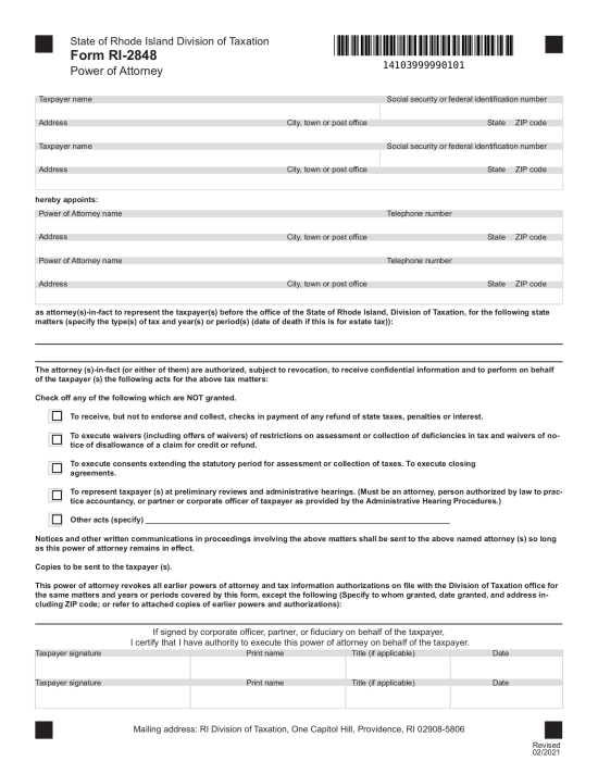 Rhode Island Tax Power of Attorney (Form RI-2848)