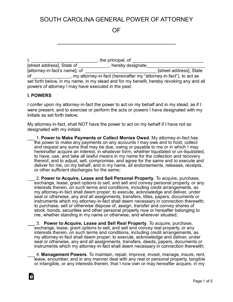 Free South Carolina General (Financial) Power of Attorney PDF Word