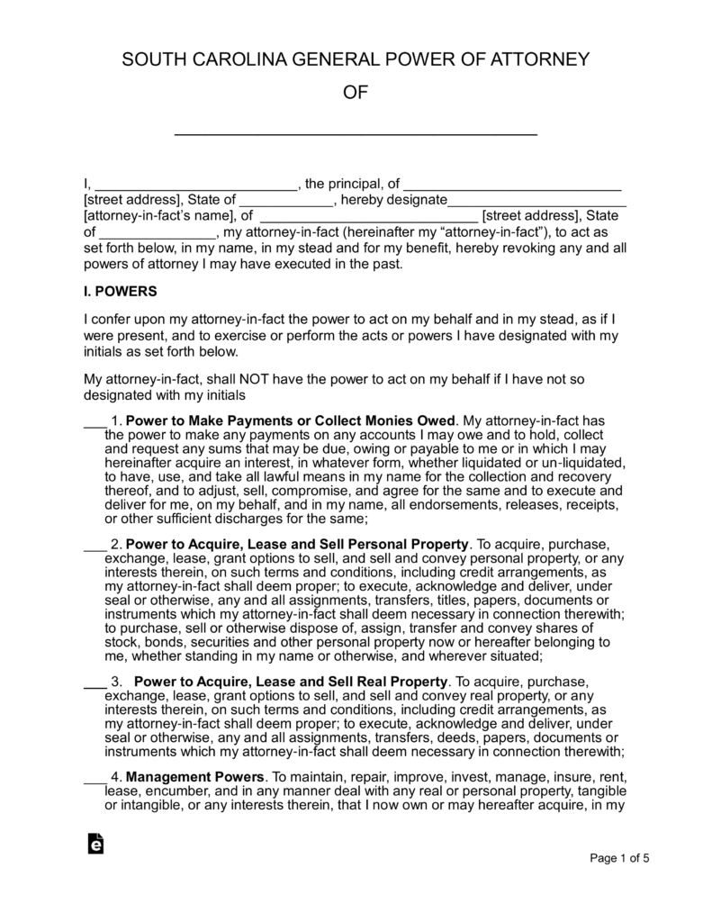 Free South Carolina General Financial Power Of Attorney PDF Word EForms