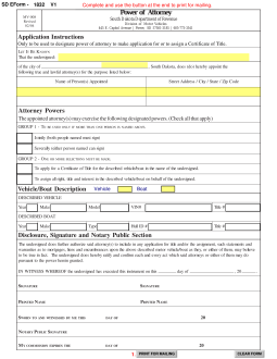 South Dakota Vehicle Power of Attorney (Form MV-008)