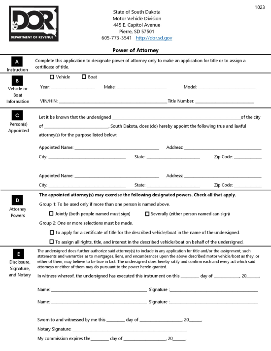 South Dakota Vehicle Power of Attorney Form