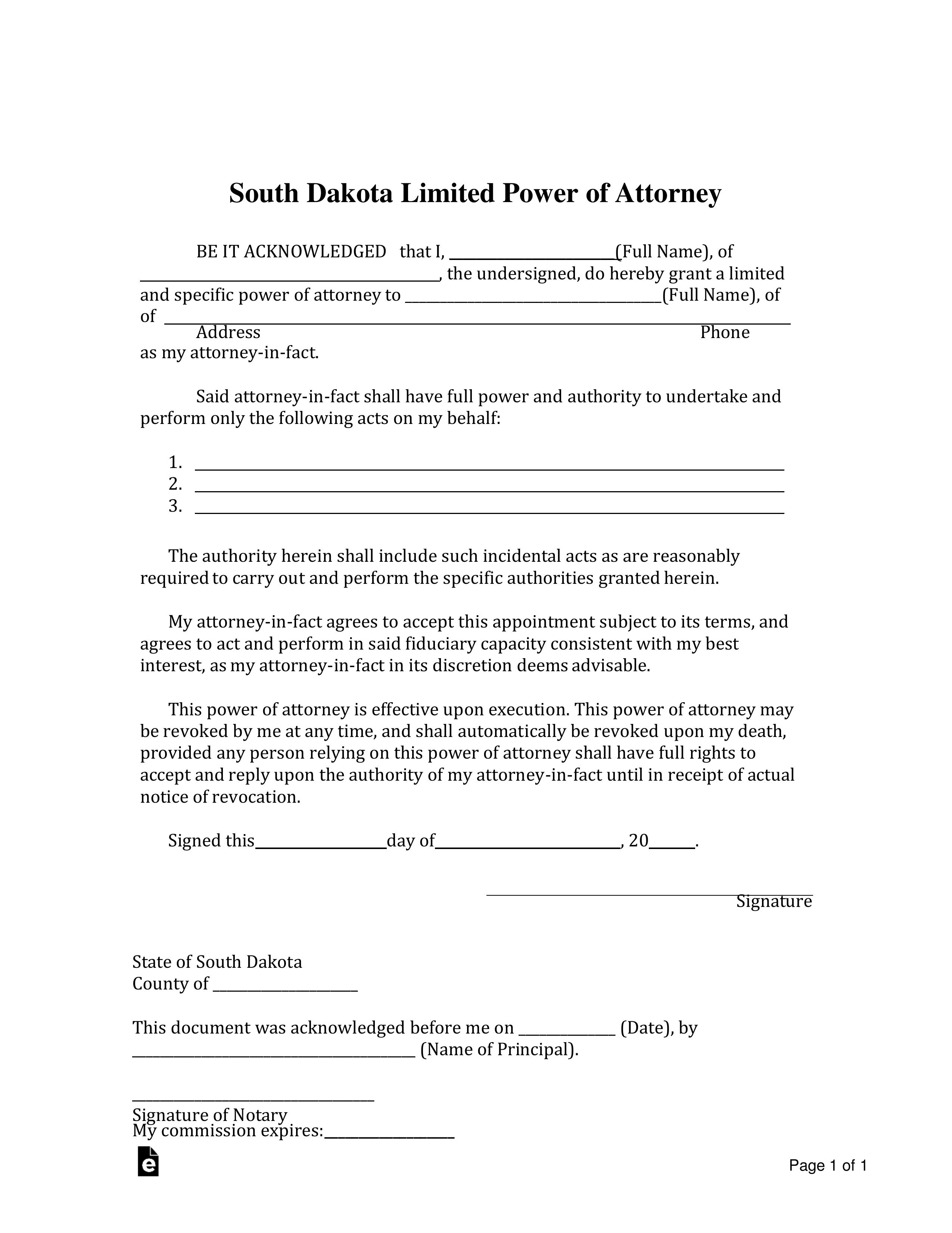 Free South Dakota Limited Power Of Attorney Form PDF Word EForms