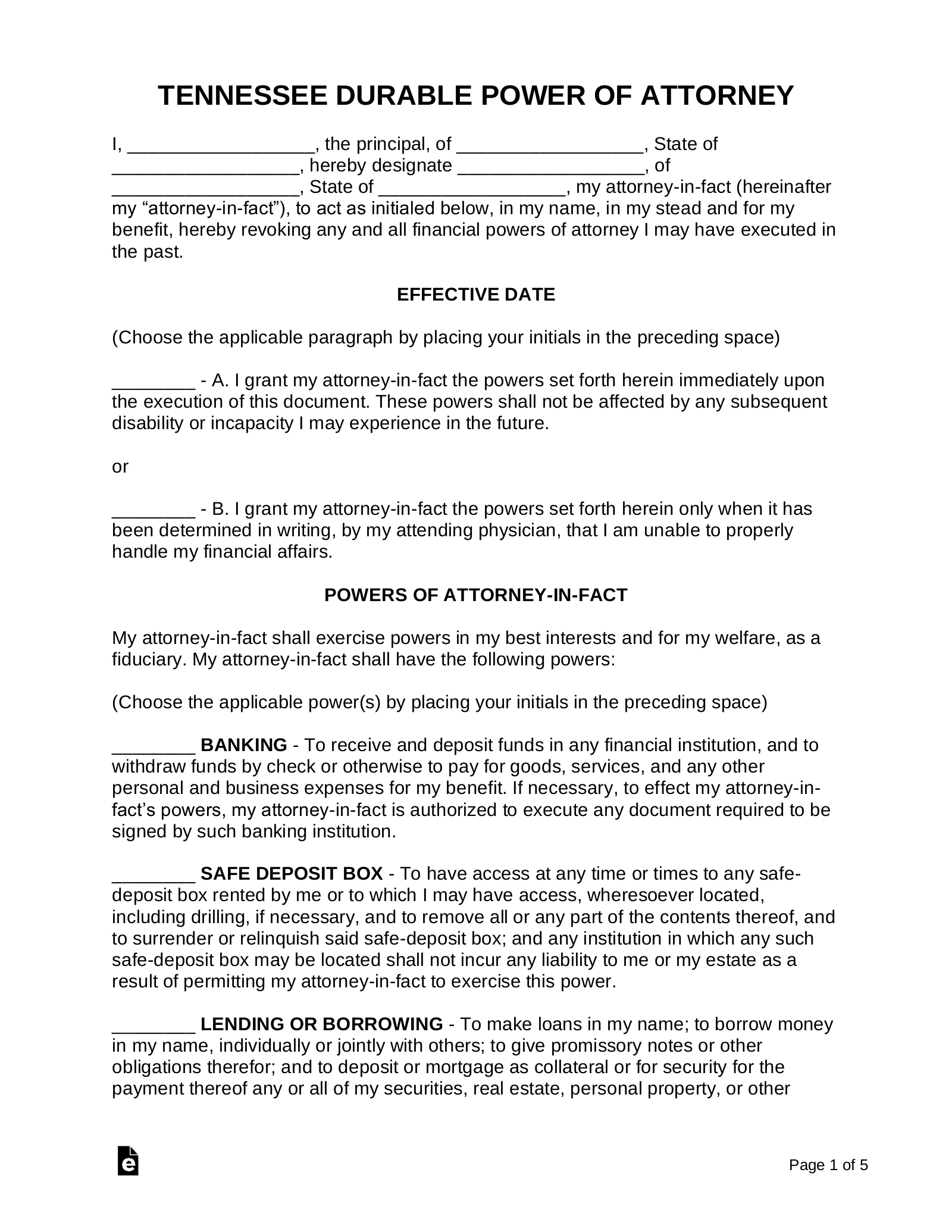 Free Tennessee Durable Financial Power Of Attorney Form PDF Word 