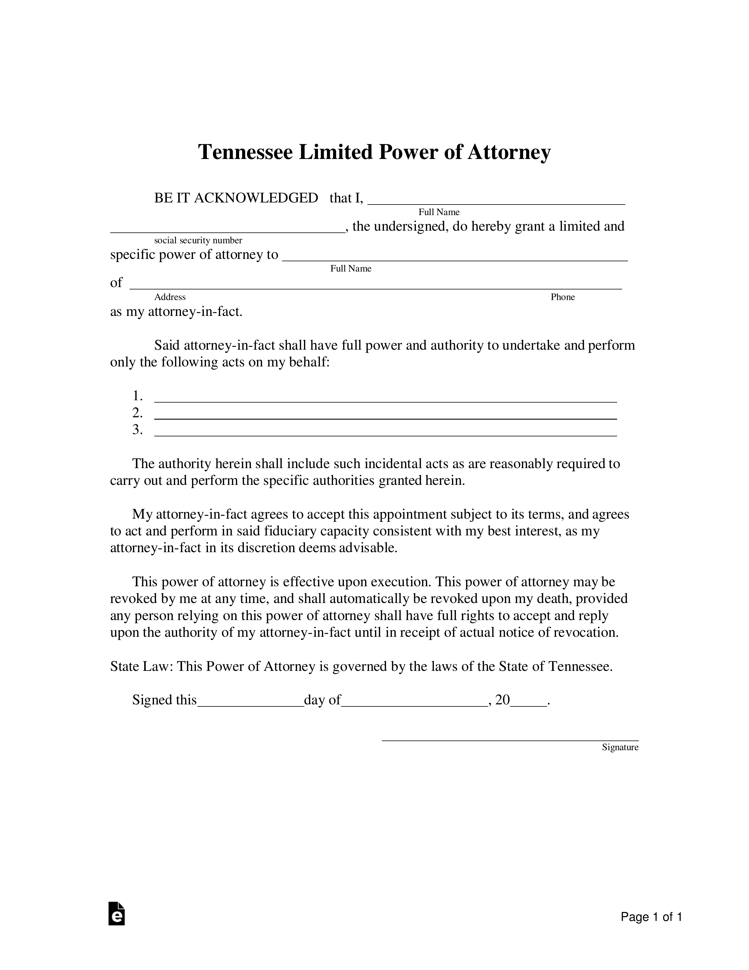 Free Tennessee Limited Power of Attorney Form PDF Word eForms