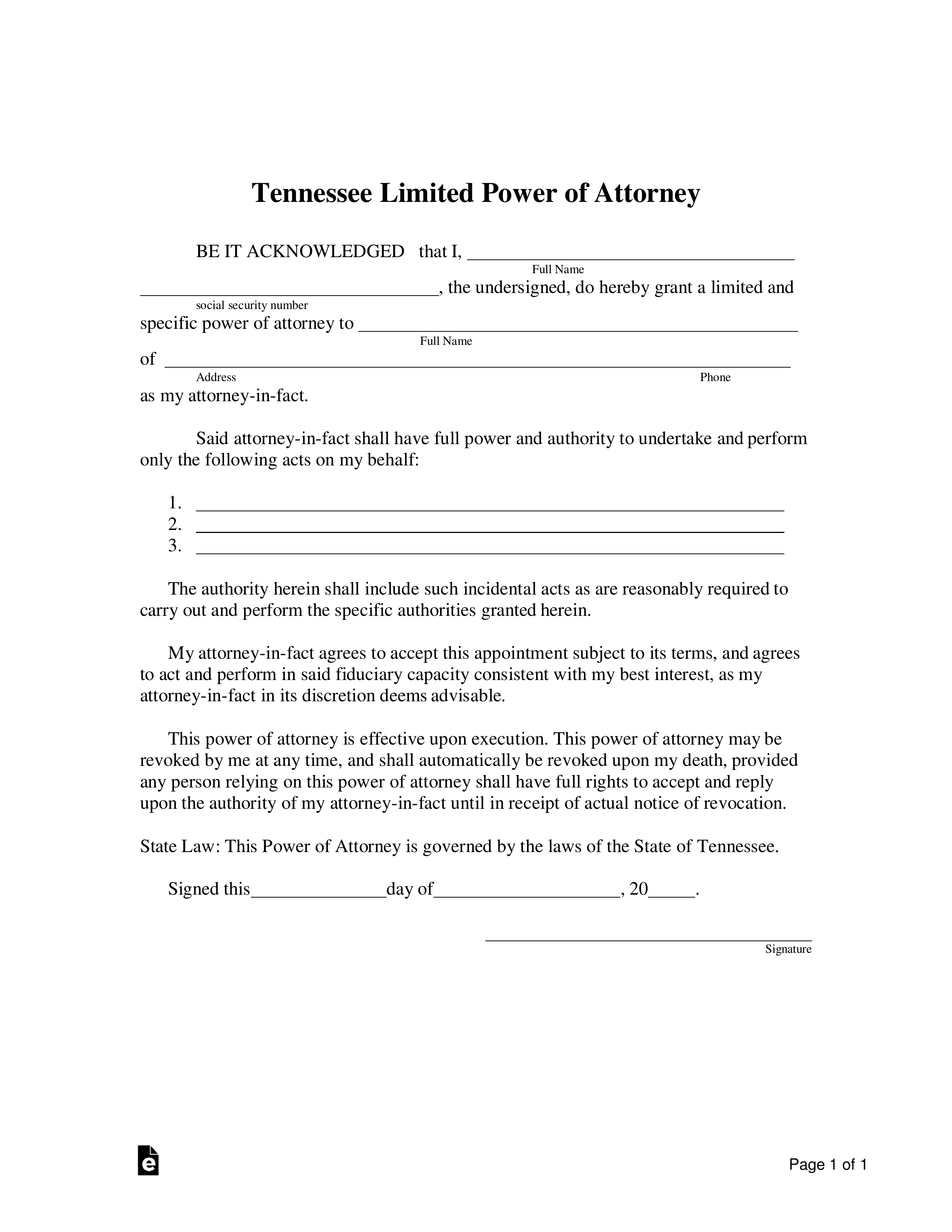 Free Tennessee Limited Power Of Attorney Form Pdf Word Eforms