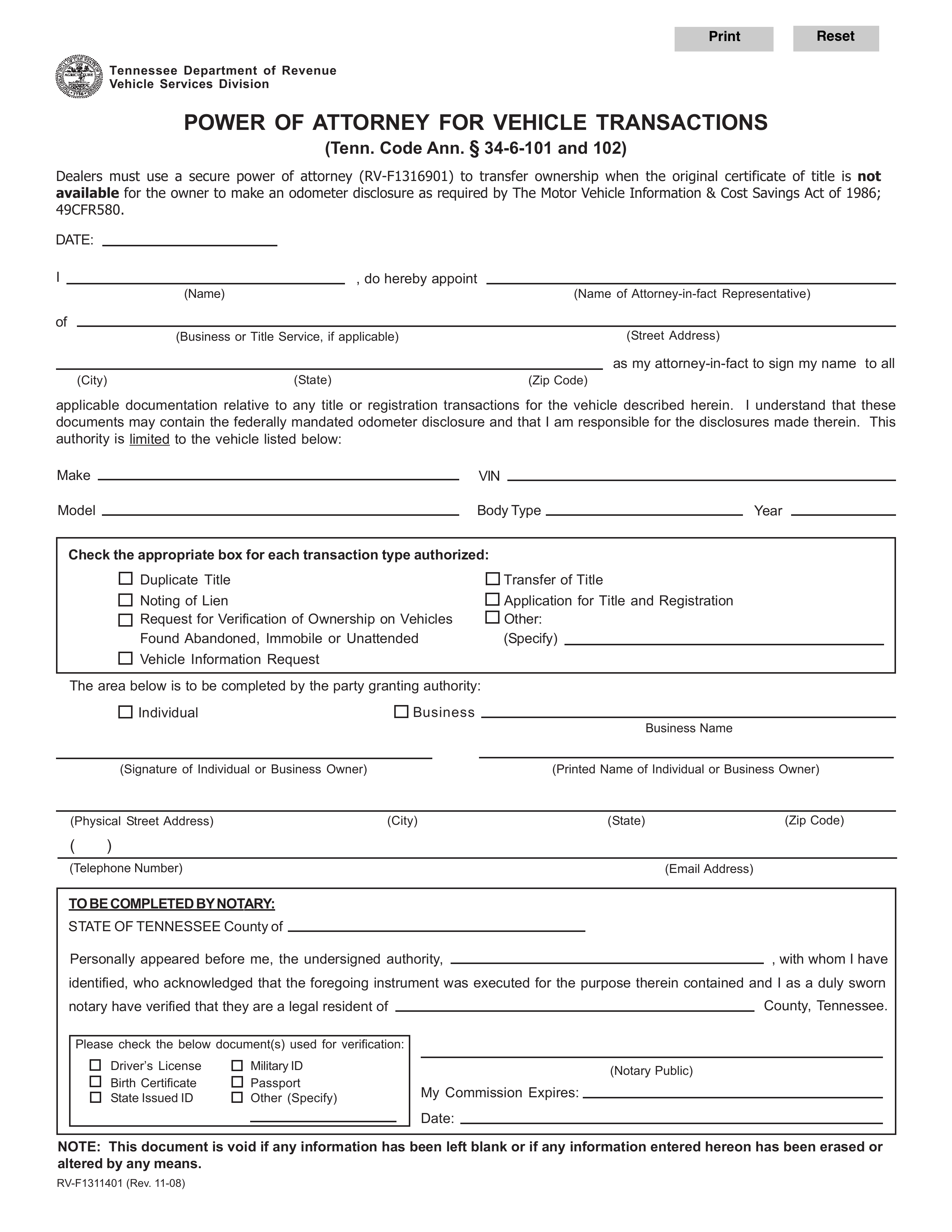 Tennessee Vehicle Power of Attorney (Form RV-F1311401)