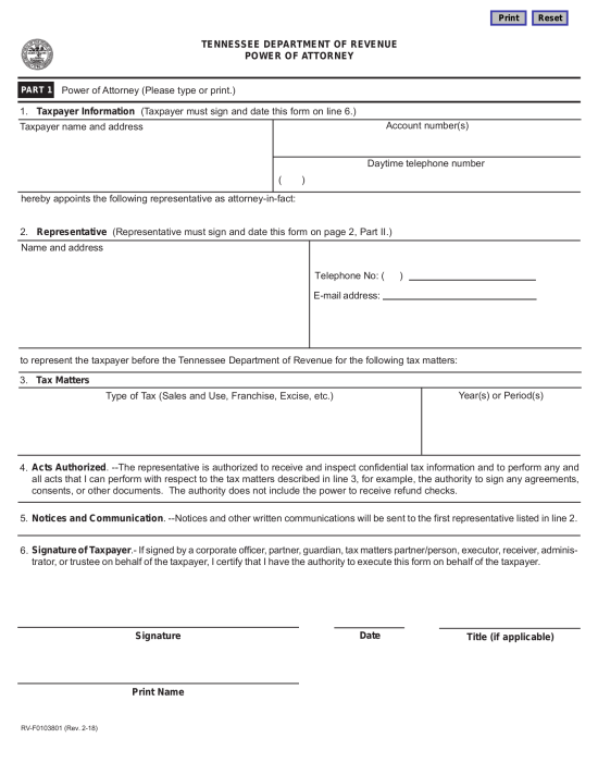 Tennessee Tax Power of Attorney (Form RV-F0103801)